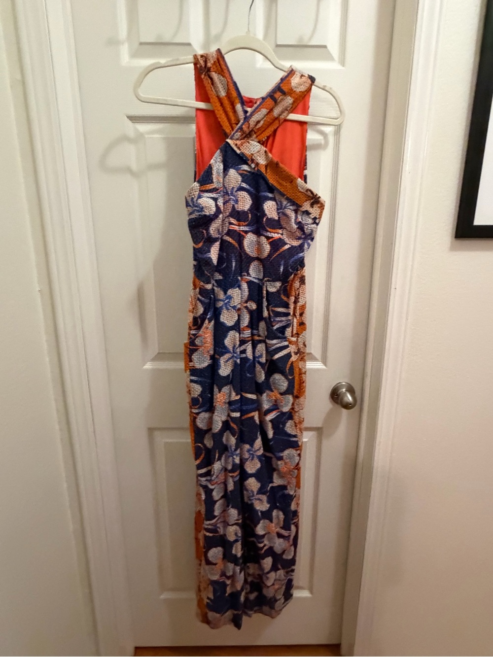 Eva Franco Navy, Orange and White Crossback Maxi Dress